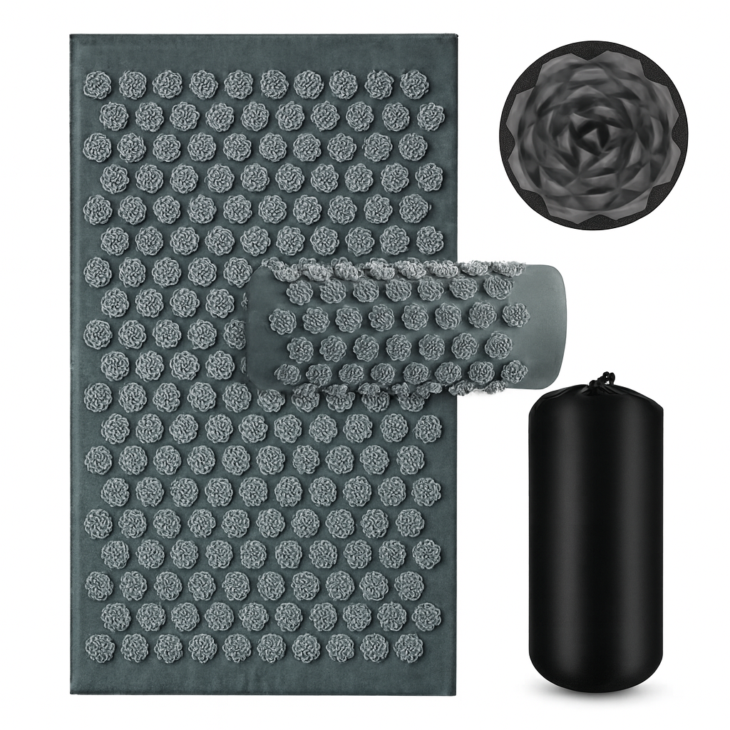 tapis d'acupression gris avec coussin de massage et sac de transport pour la relaxation du dos et la détente musculaire