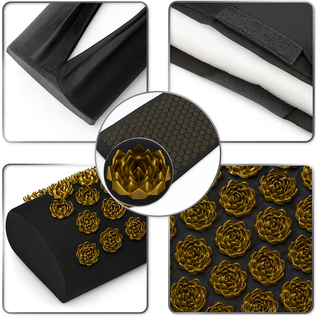 details du tapis d'acupression noir et doré montrant la texture, la mousse intérieure et les fleurs de massage en plastique durable