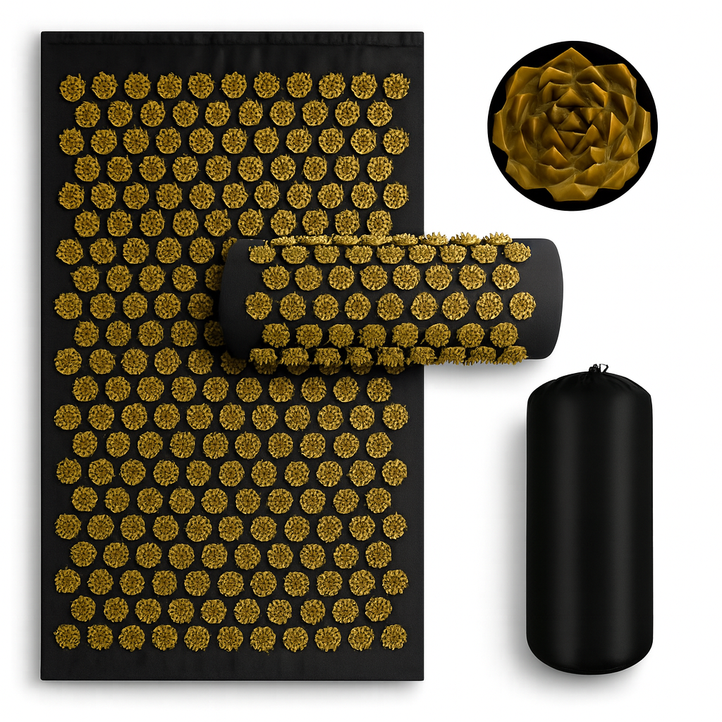 tapis d'acupression noir avec fleurs gold, coussin de massage assorti et sac de transport pour soulager le dos et améliorer la circulation sanguine