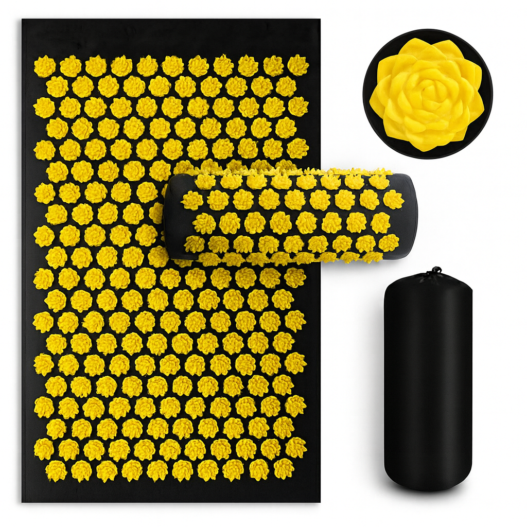 tapis d'acupression noir avec fleurs jaunes, coussin de massage assorti et sac de transport pour soulager le dos et améliorer la circulation sanguine