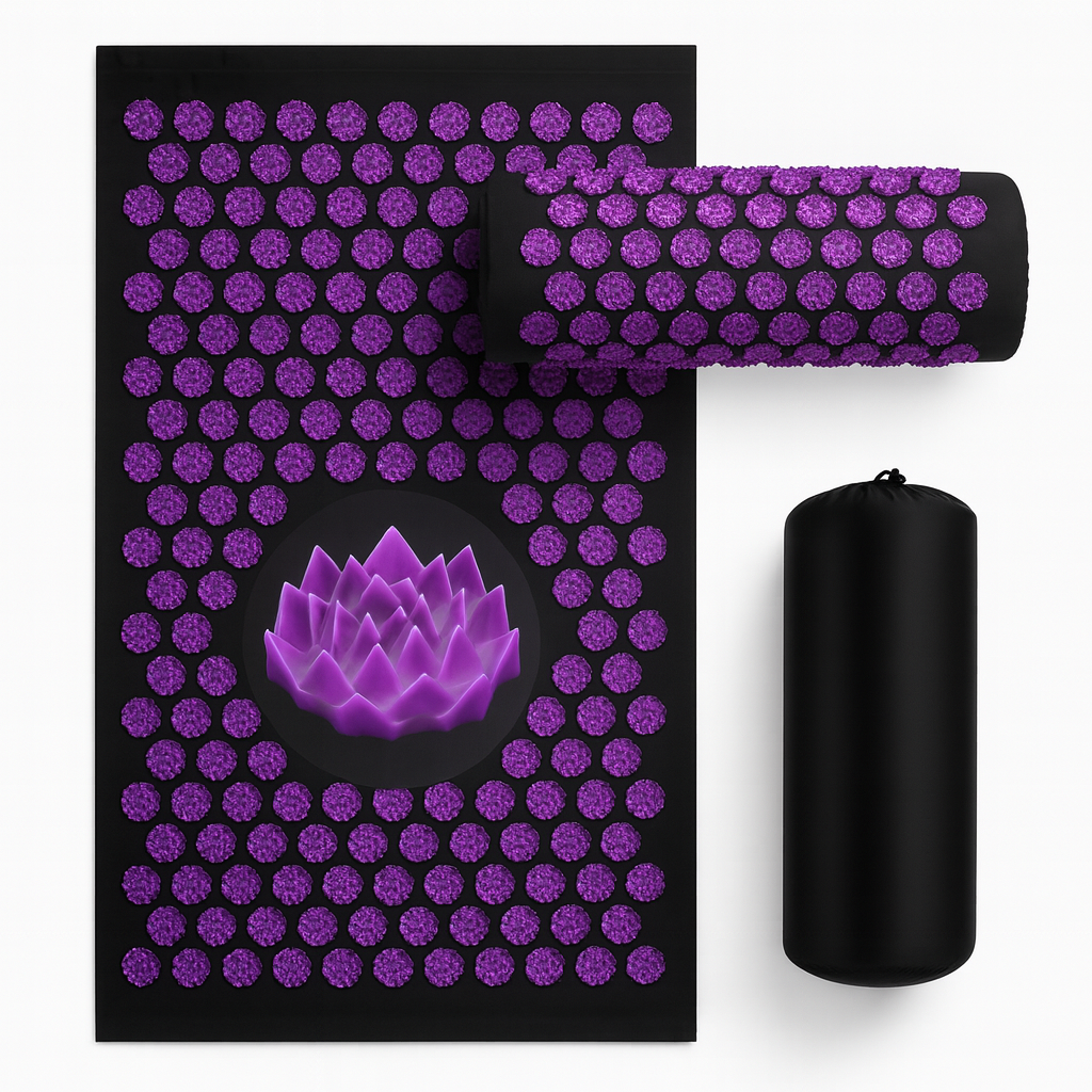 tapis d'acupression noir avec fleurs violettes, coussin de massage assorti et sac de transport pour soulager le dos et améliorer la circulation sanguine