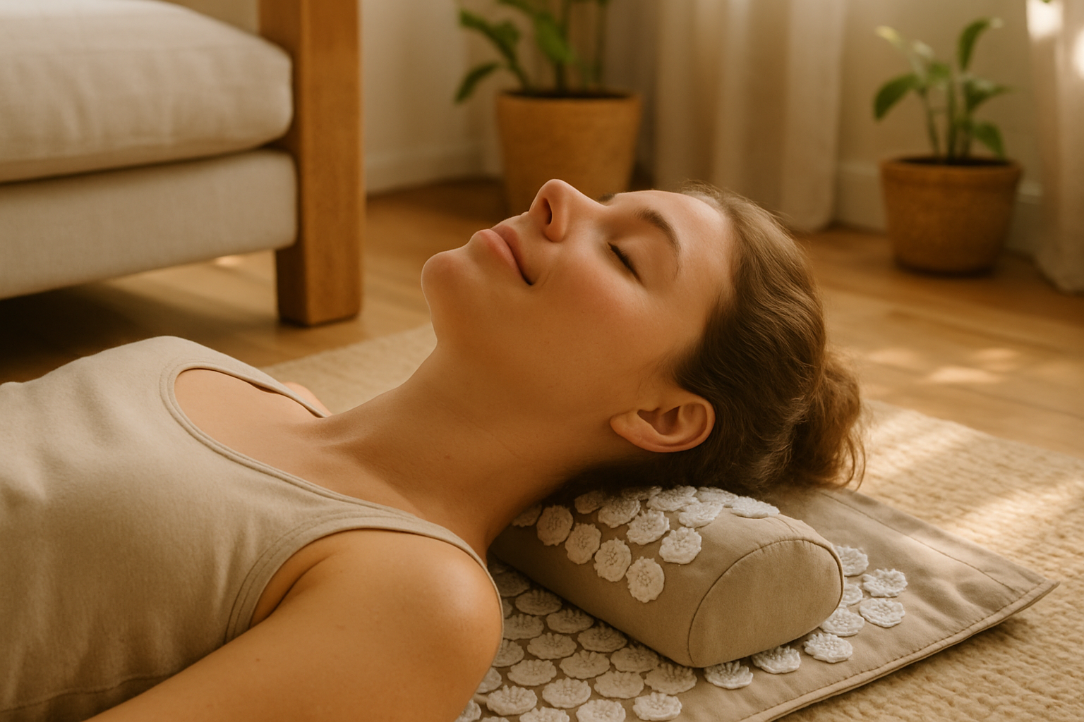 Une femme détendue sur un tapis d’acupression dans un salon lumineux
Un plan rapproché du dos / du cou, visage apaisé
Ambiance naturelle : bois, lin, lumière chaude