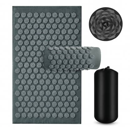 tapis d'acupression gris avec coussin de massage et sac de transport pour la relaxation du dos et la détente musculaire