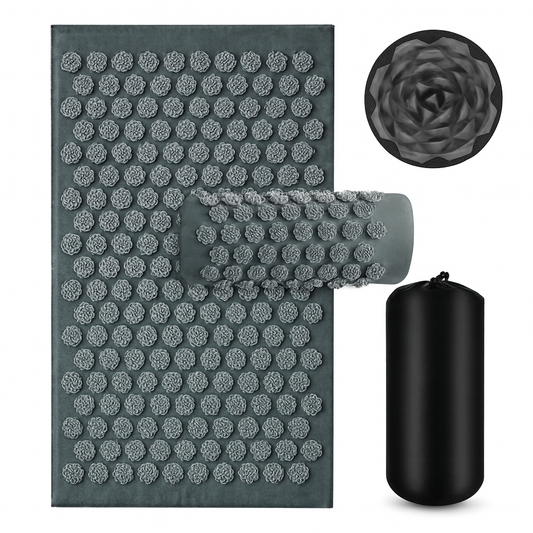 tapis d'acupression gris avec coussin de massage et sac de transport pour la relaxation du dos et la détente musculaire